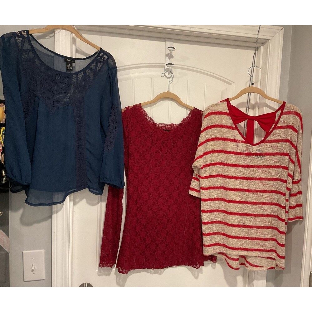 EUC Rue 21 Women Sheer/Lace Long & 3/4 Sleeve Dressy Tops Lot Of 3 M/L Red Blue